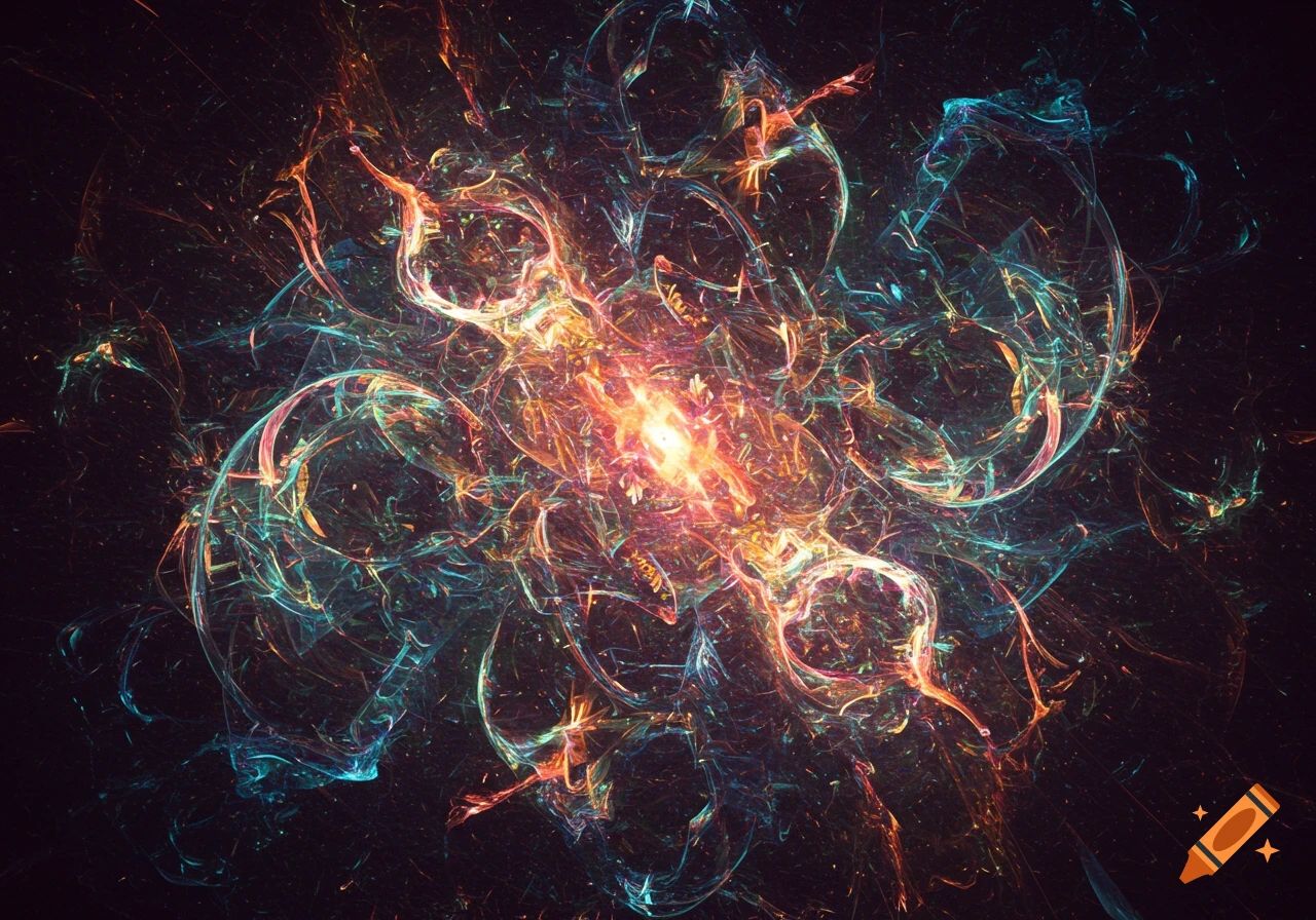 Abstract fractal pattern of glowing orange, blue, and red light trails on a dark background.