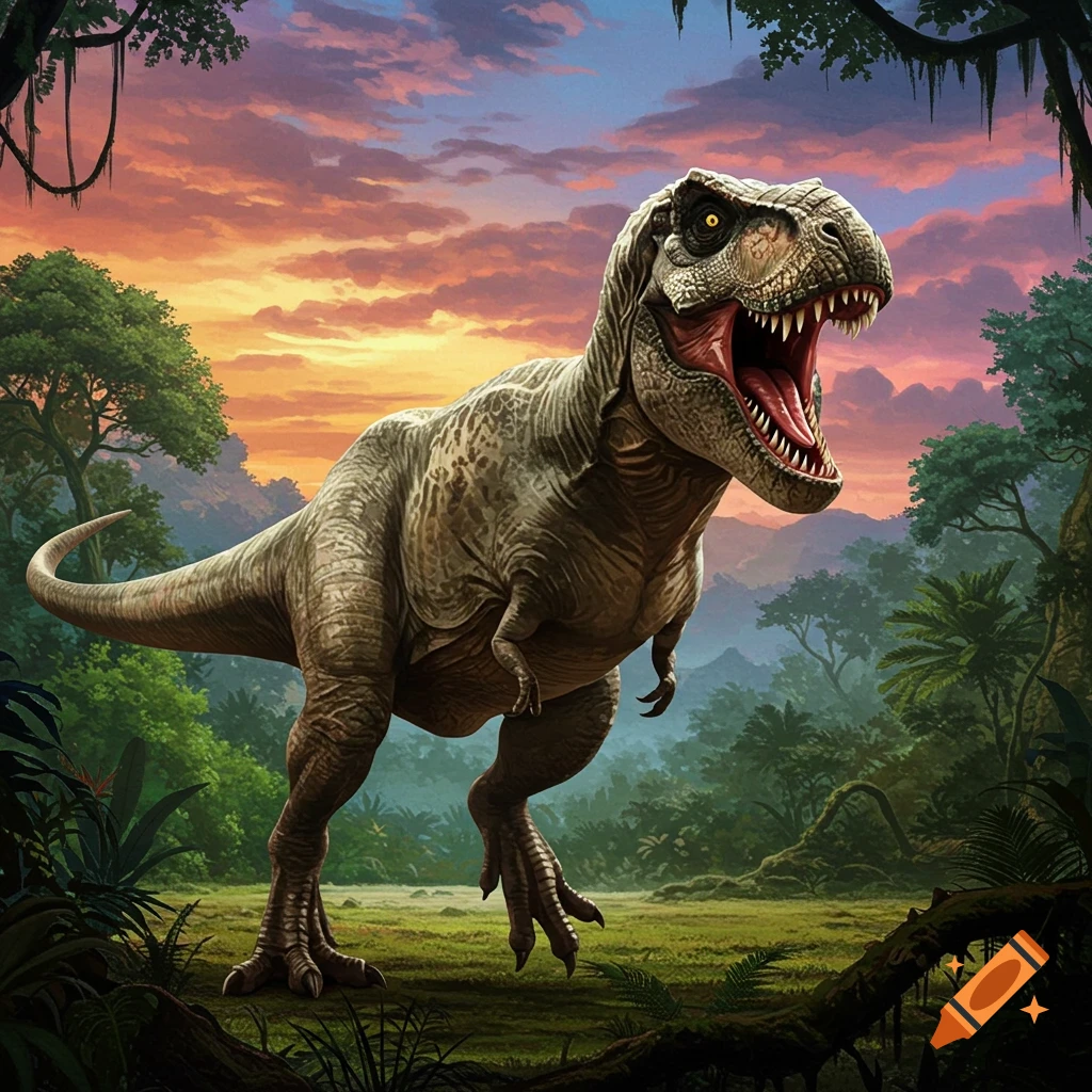 A detailed illustration of a roaring T-Rex dinosaur in a lush jungle at sunset.