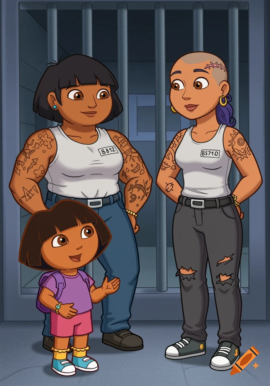 Dora the Explorer with two tattooed inmates in a prison cell, cartoon style
