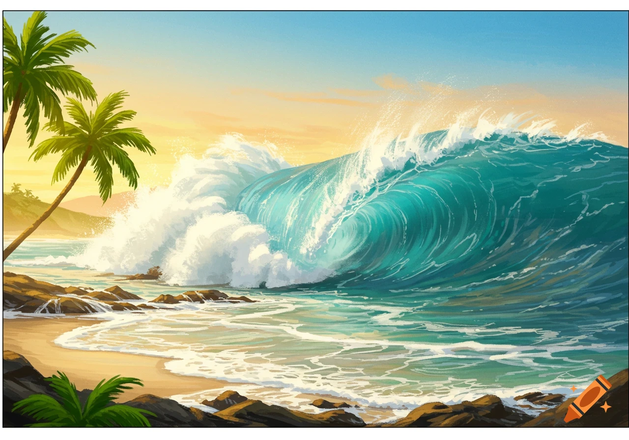 Illustrated beach scene with palm trees and a large turquoise wave crashing onto the shore.