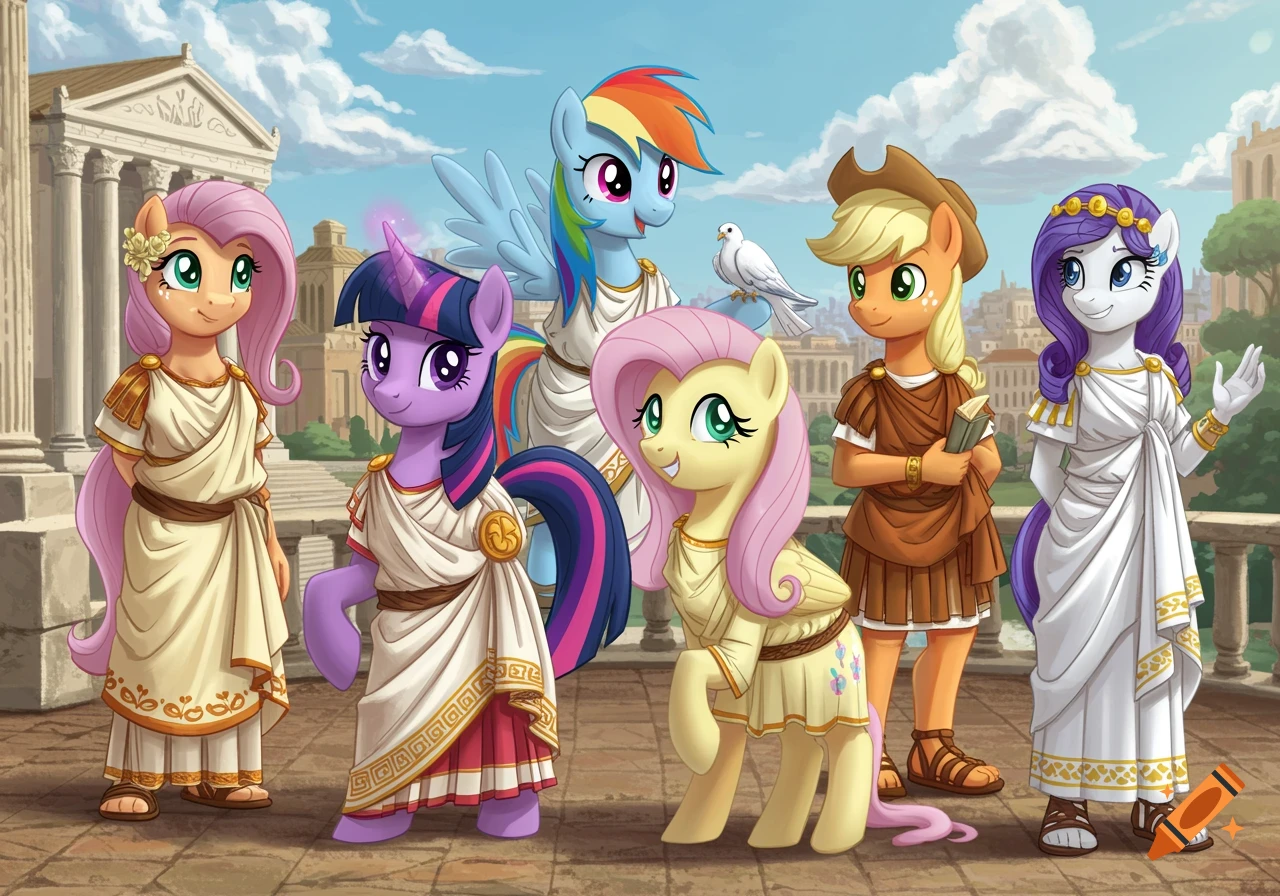 My Little Pony characters dressed in Roman attire on a balcony overlooking a classical city.
