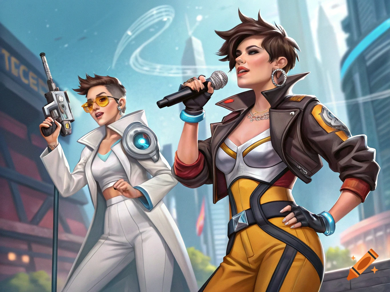 Stylized illustration of two women resembling Tracer from Overwatch on a city street, one holding a gun, the other singing.