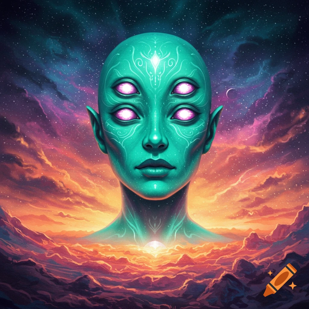 A green alien with four eyes looks forward, against a backdrop of cosmic clouds and vibrant colors.