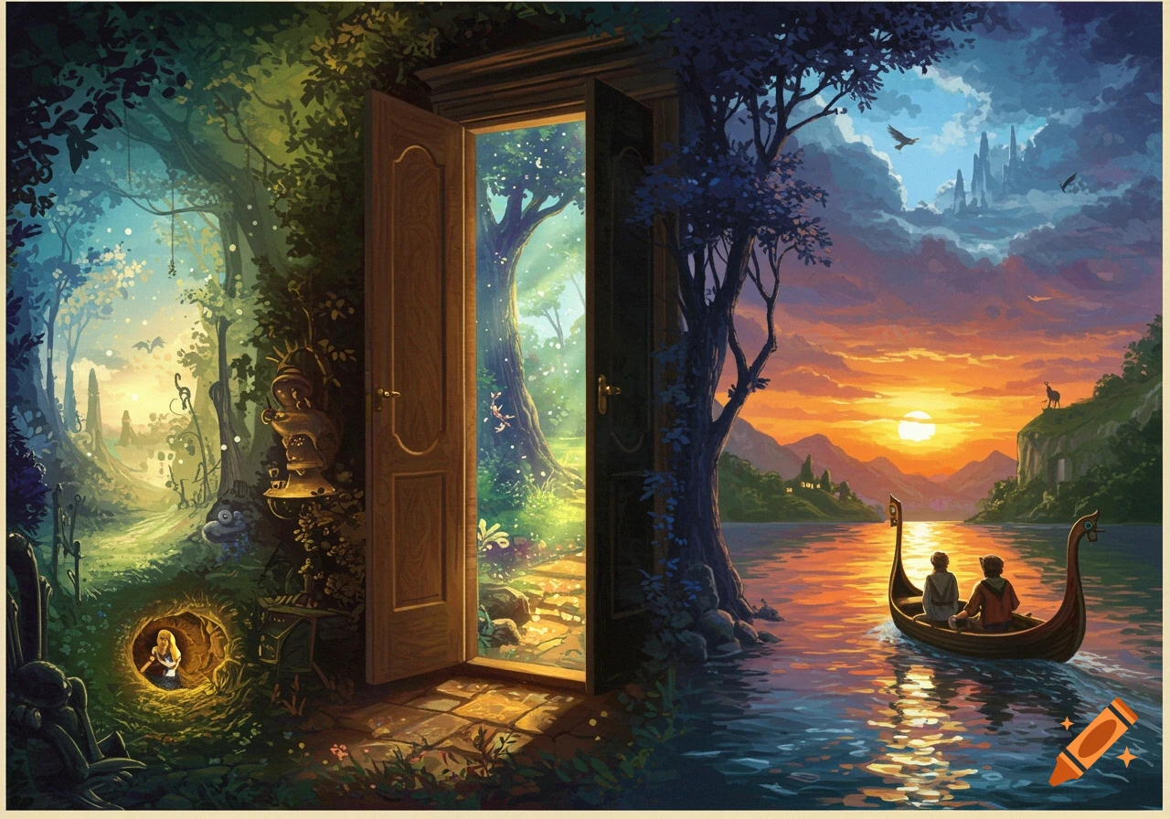 An open door splits a scene between a magical forest on the left and a sunset over a lake with a boat on the right. Stylized illustration.