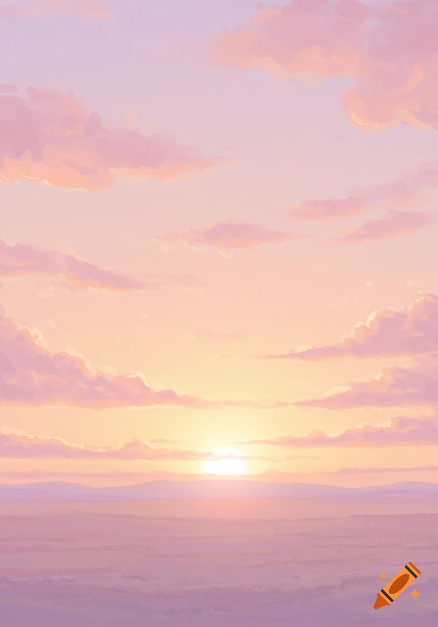 A stylized, pink and orange sunrise over a hazy landscape with fluffy clouds.