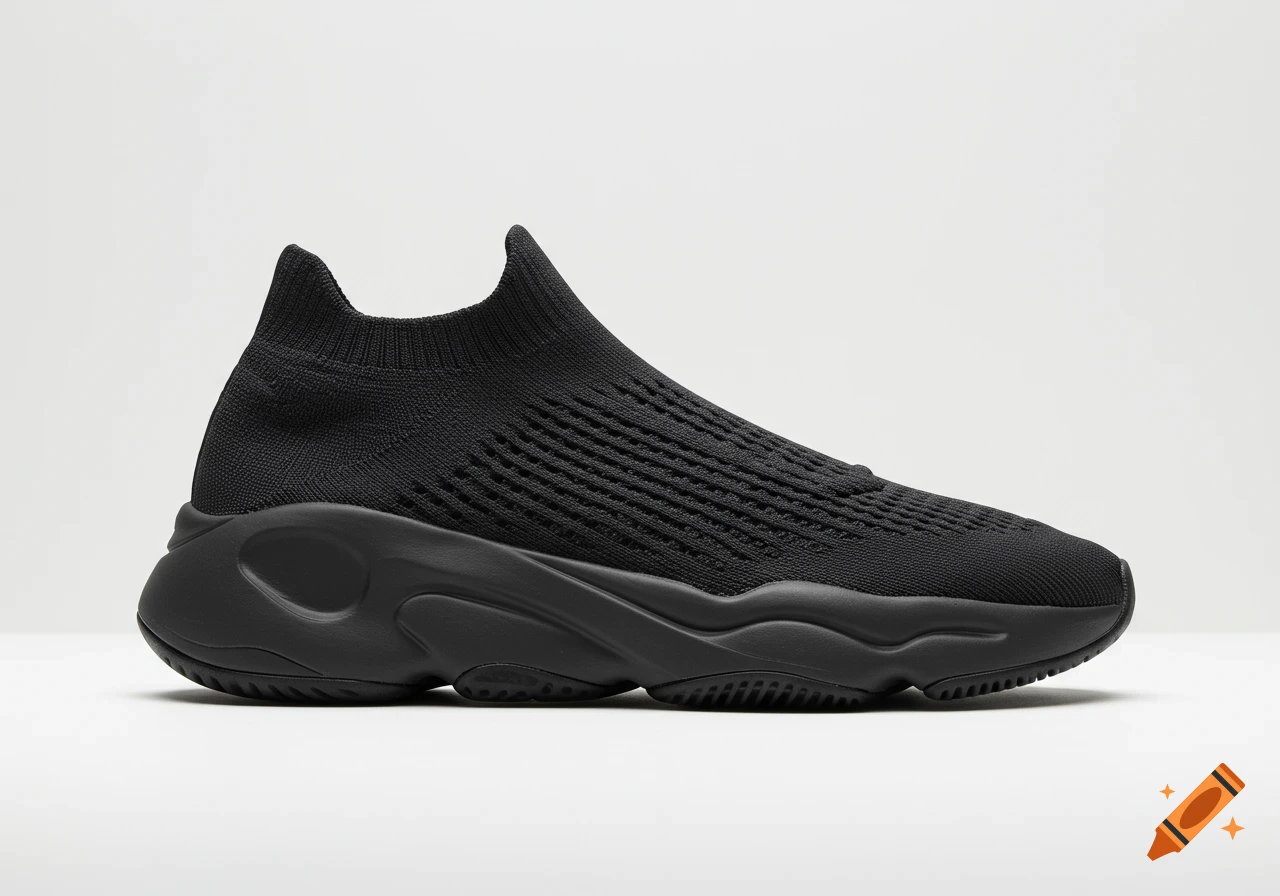 A studio photograph of a black slip-on sneaker with a textured knit upper and a chunky sole on a white background.