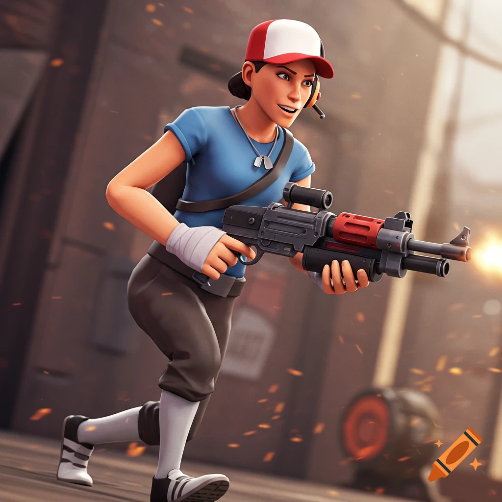 Stylized render of the female scout from Team Fortress 2 running with a shotgun