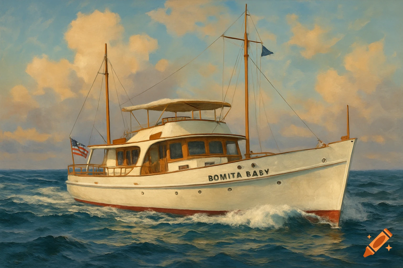 A painting of a white yacht with a red hull on the water under a cloudy sky.