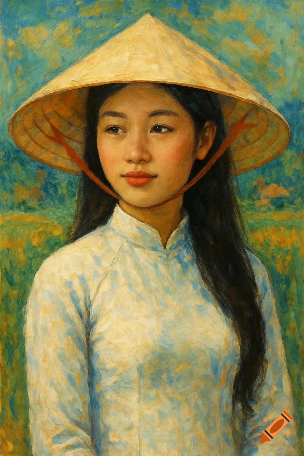 A stylized portrait of a woman wearing a conical Vietnamese hat and white ao dai.