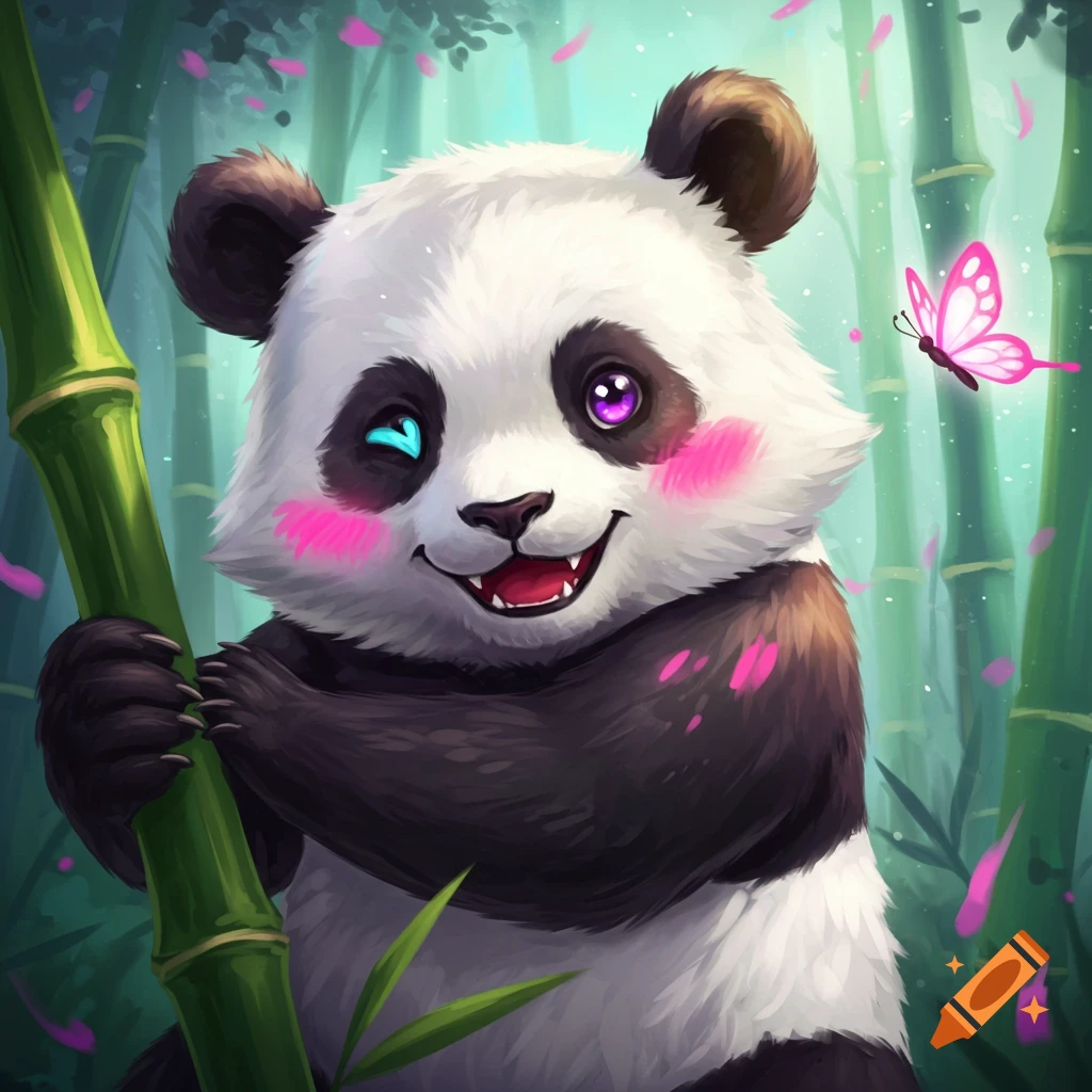 A cute panda winks while holding bamboo in a forest with a butterfly, digital illustration.