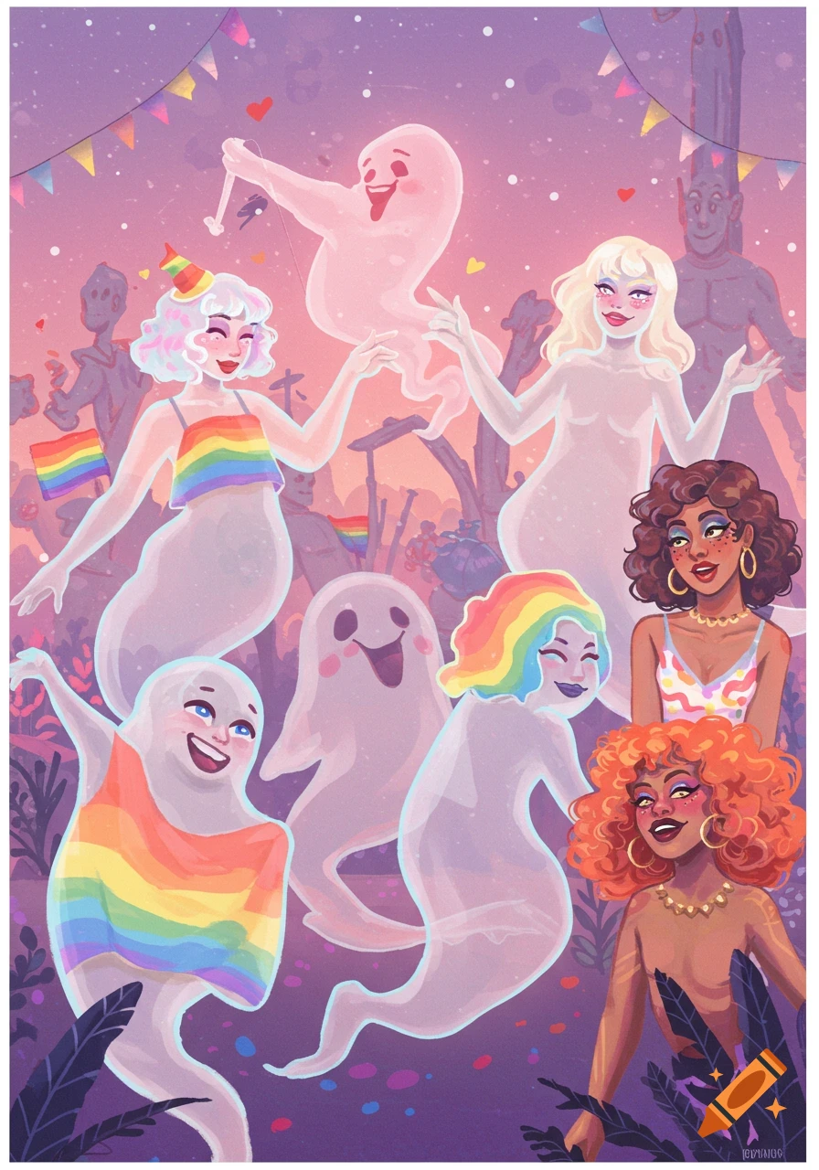 Ghosts and people celebrate Pride with rainbow colors and flags in a lively outdoor scene.
