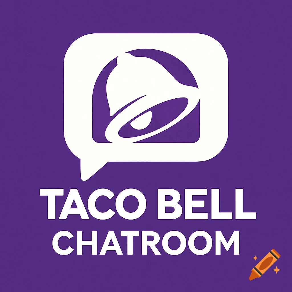 A white logo with a bell icon in a speech bubble above the text 'TACO BELL CHATROOM' on a purple background.