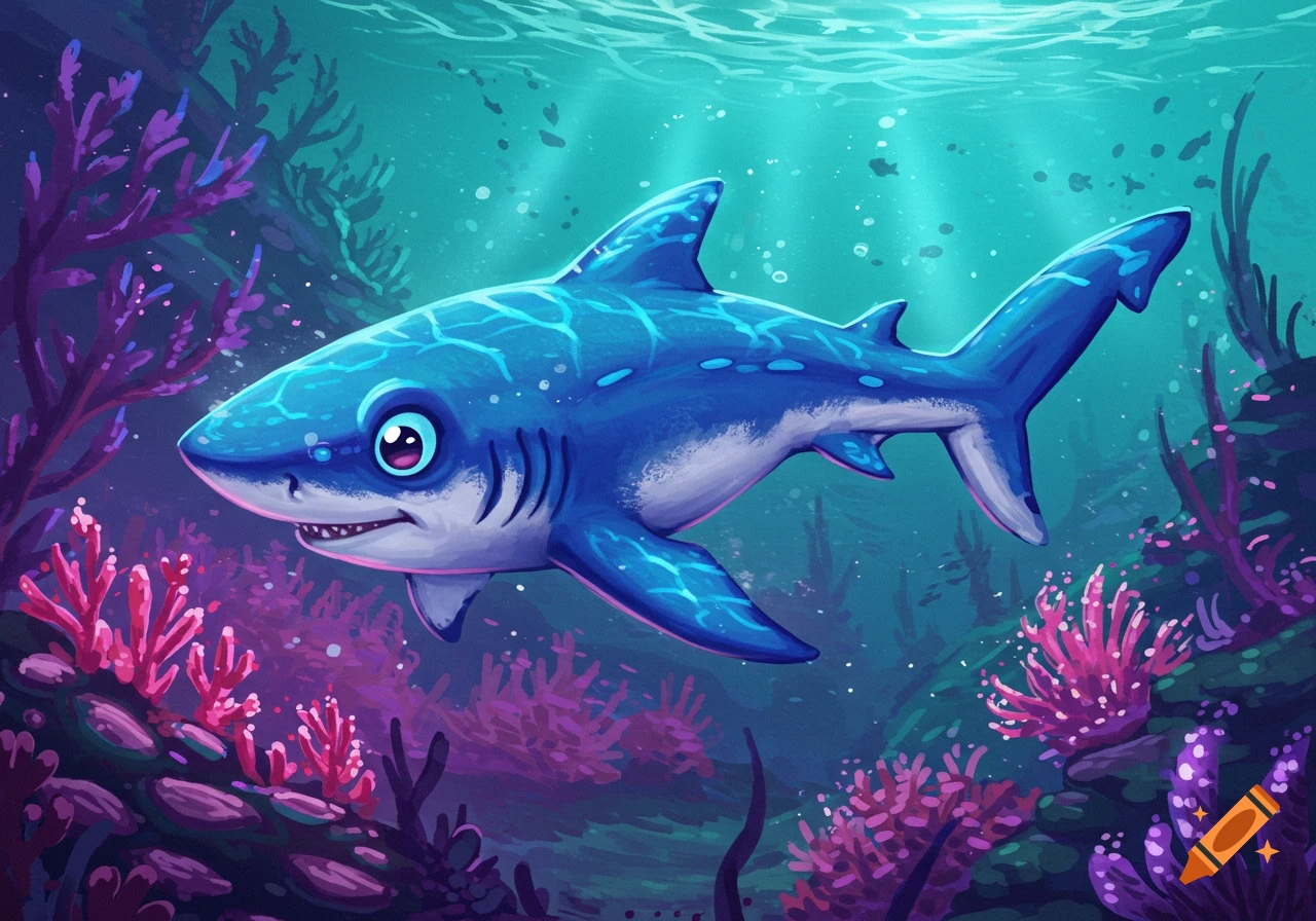 A cute blue cartoon shark swims in a colorful underwater scene with coral and sunbeams.
