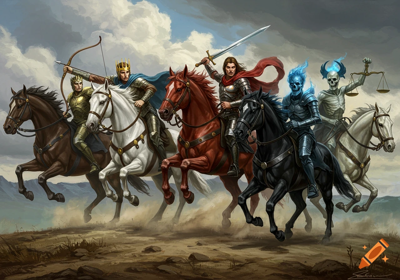 Four fantasy riders on horseback charge across a landscape under a cloudy sky.
