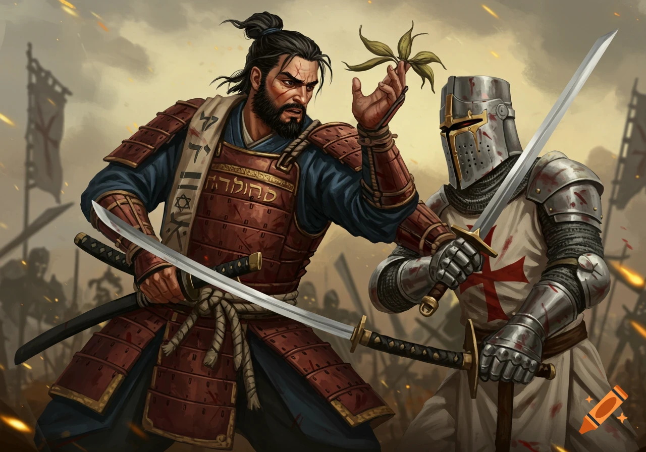 Illustration of a Jewish samurai facing a bloodied crusader on a battlefield.