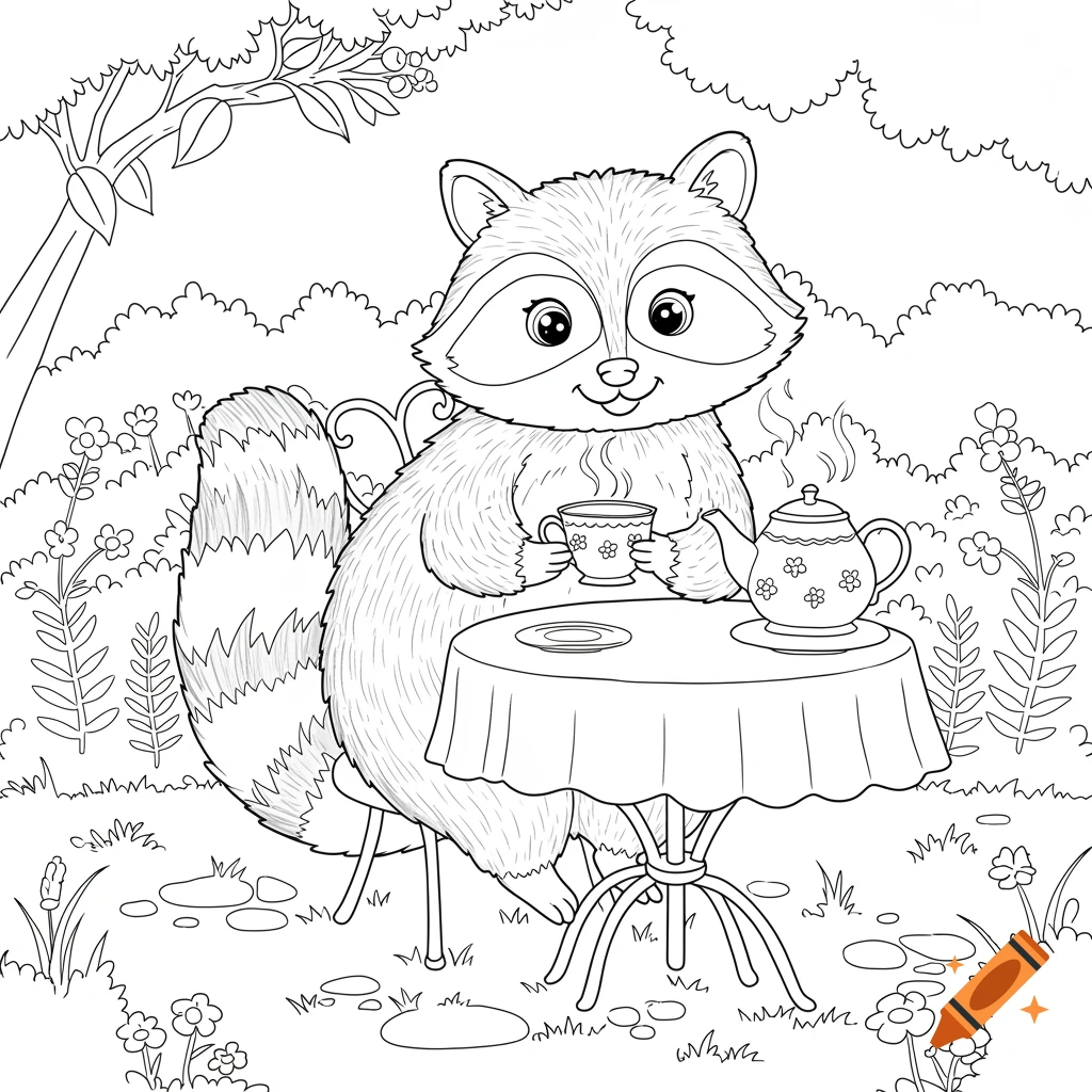 Cartoon racoon sitting at a table drinking tea outdoors, coloring page style.