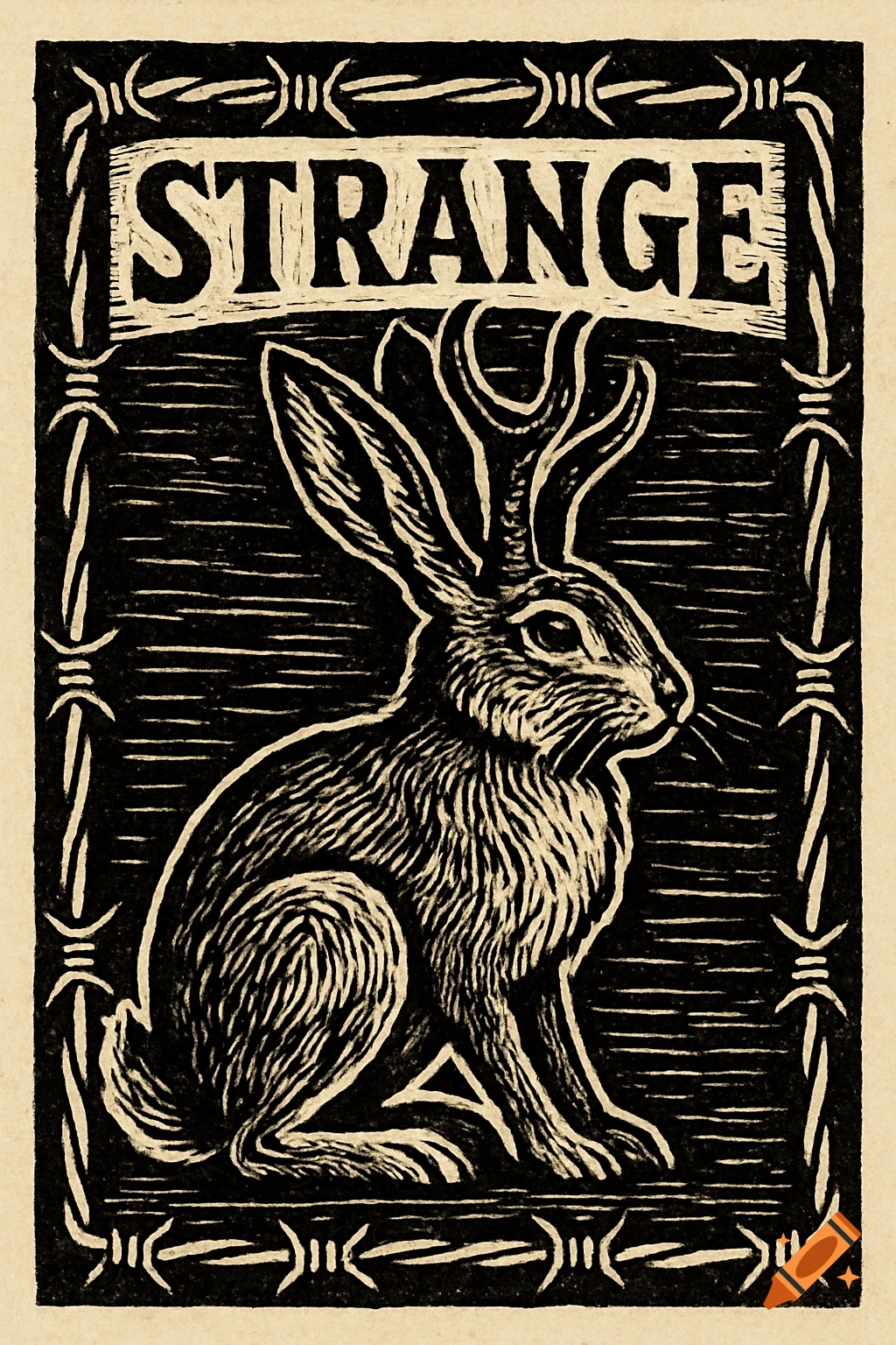 Woodcut style art of a jackalope sitting, with the word STRANGE above and a barbed wire border.