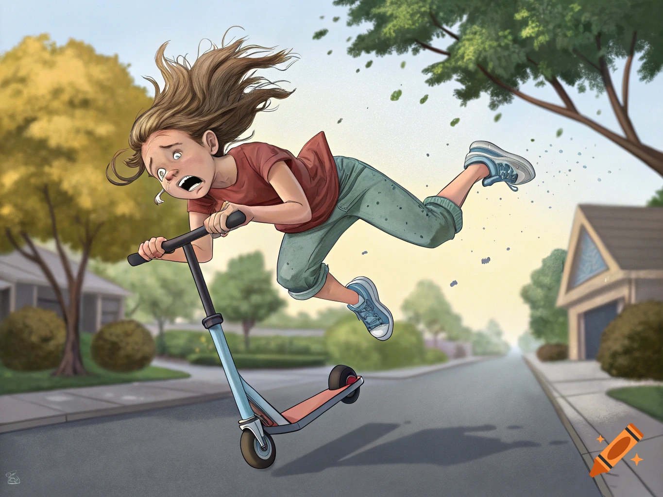 Illustration of a girl falling off a scooter on a street.