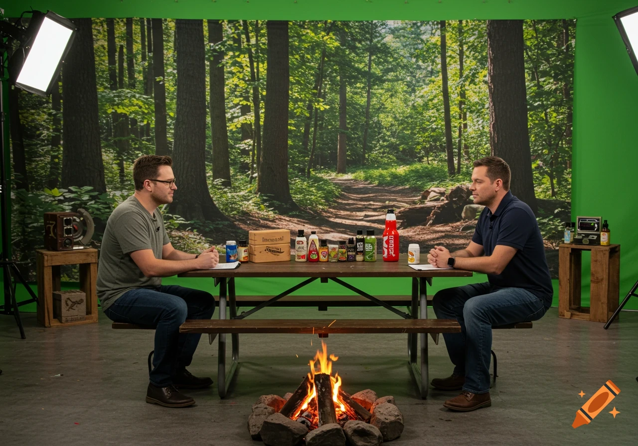 Two men sit at a picnic table with products and a campfire in a studio with a forest backdrop.