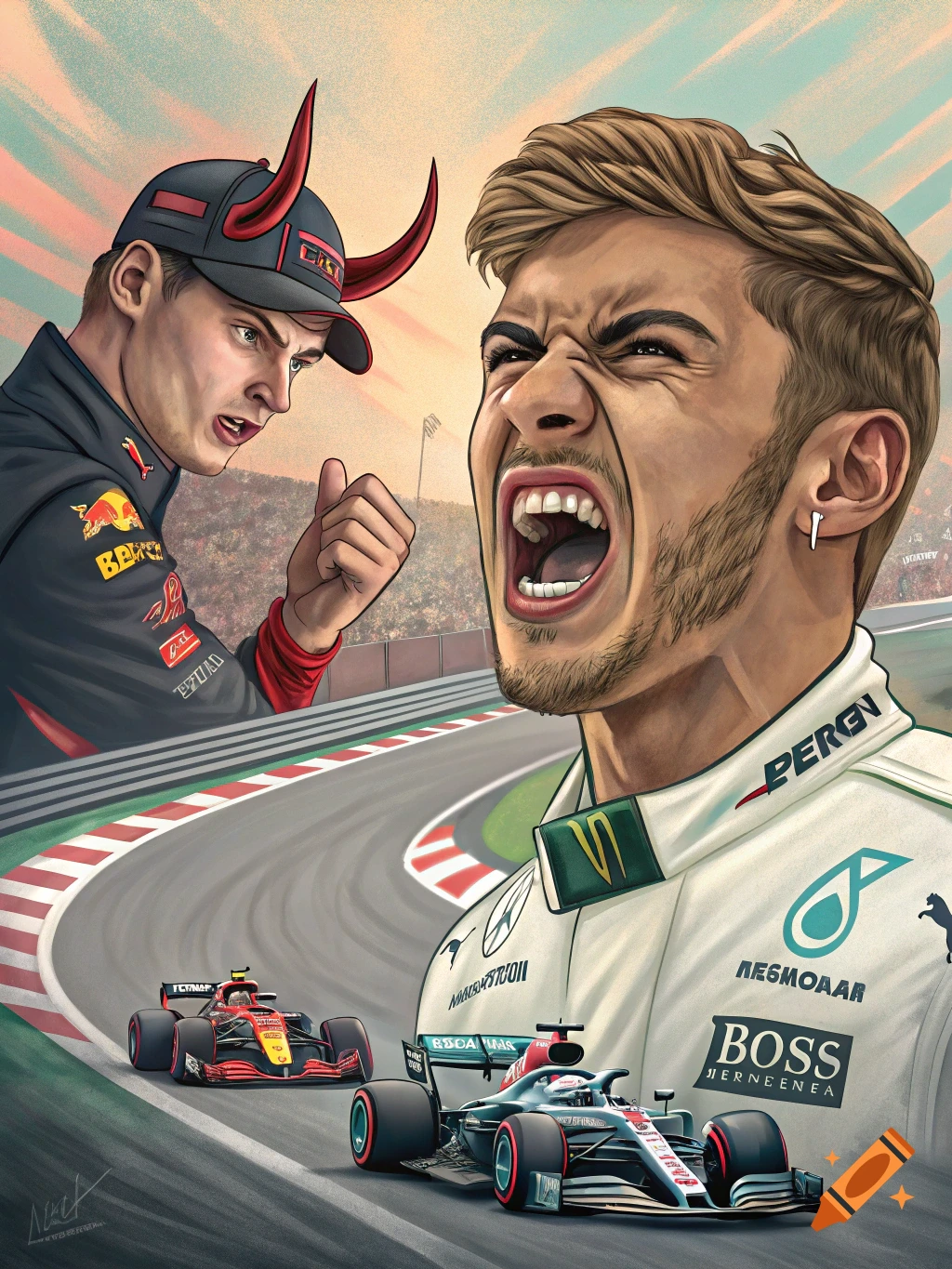 Cartoon of two angry F1 drivers, one with devil horns, with race cars on a track.