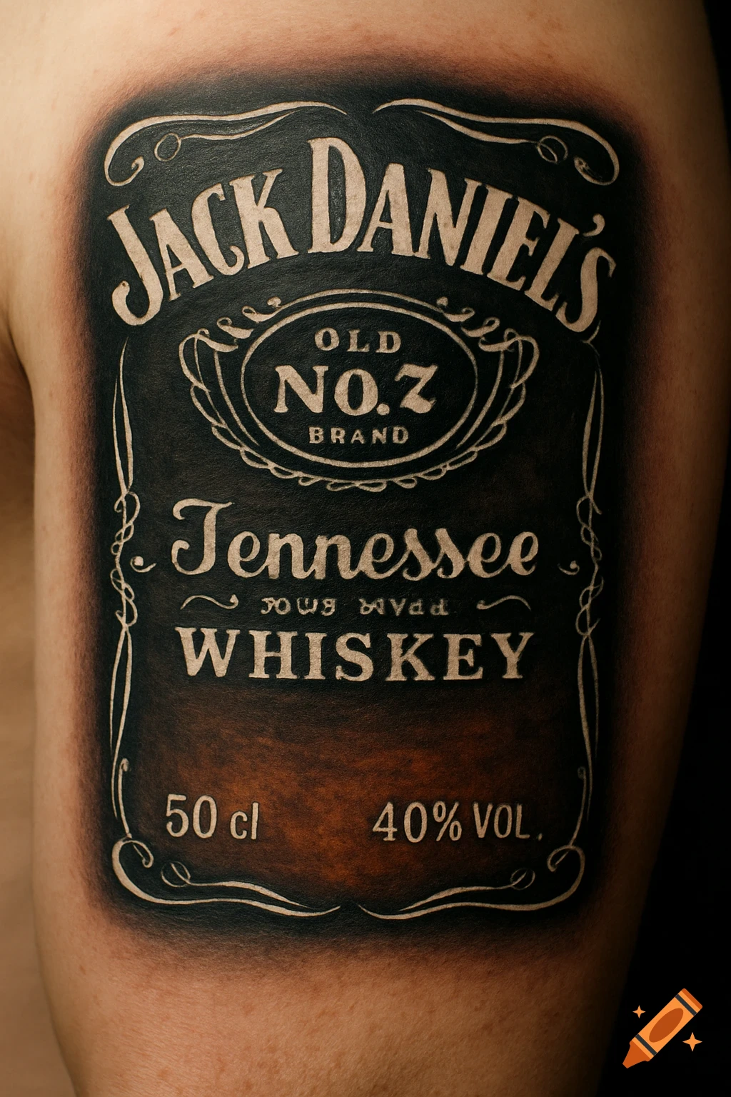 Photorealistic tattoo of a Jack Daniel's label on an arm