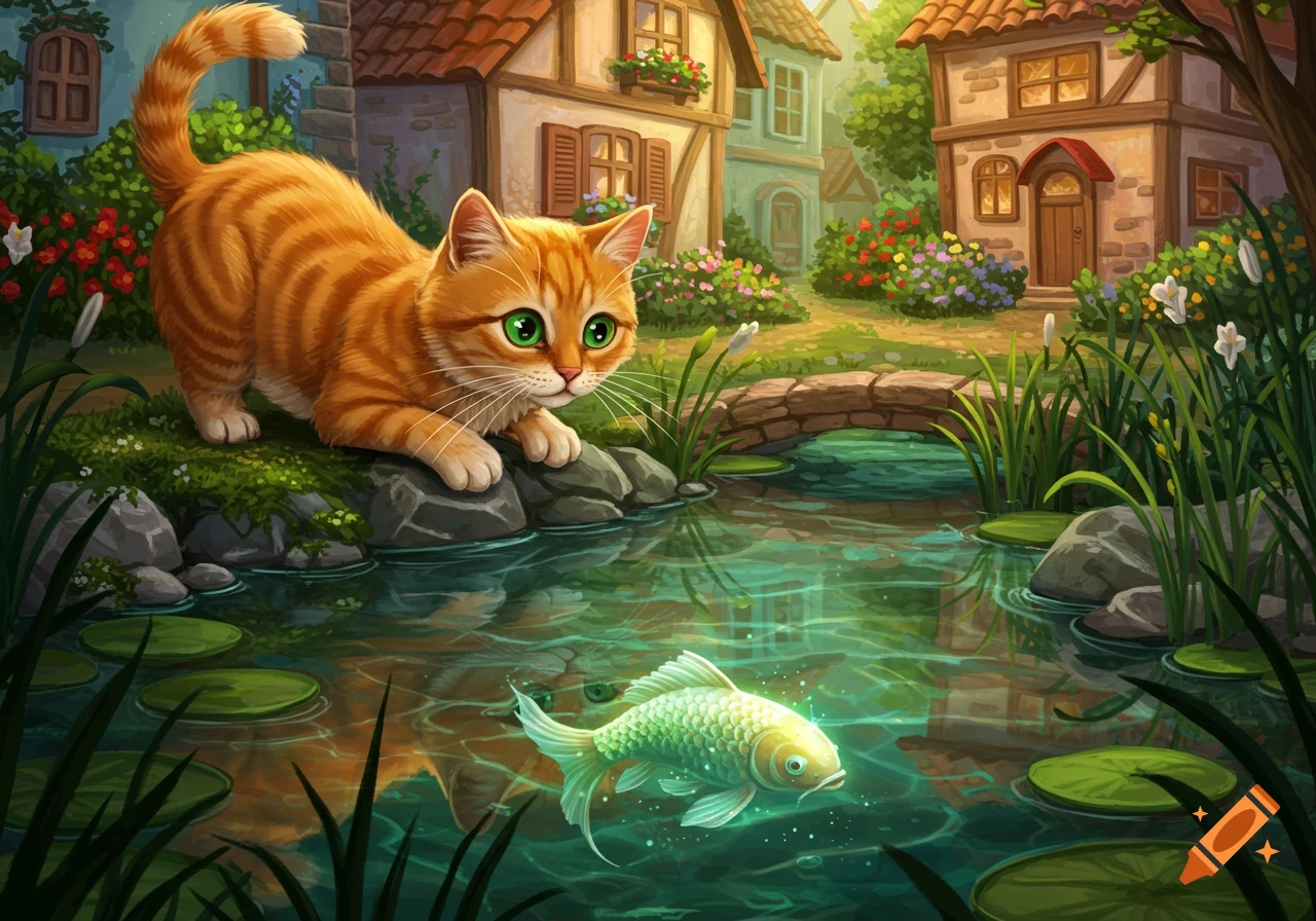 A cartoon ginger cat peers into a pond at a glowing fish in a charming village setting.