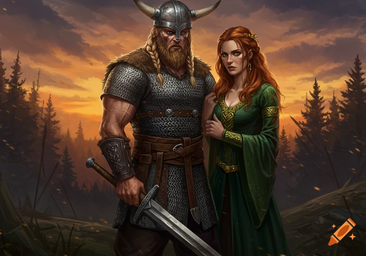 A viking warrior and a woman in a green dress stand together in a forest at sunset.