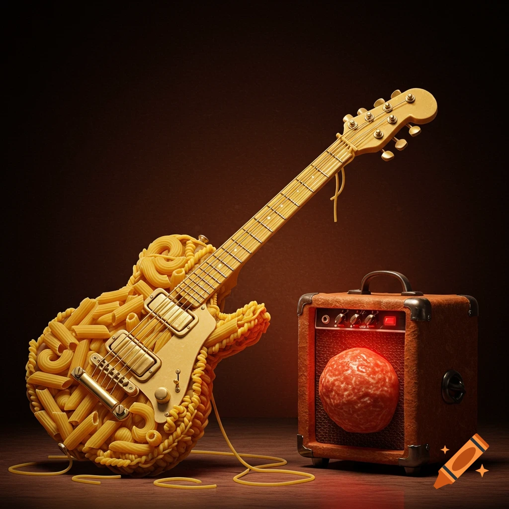 Guitar made of pasta with spaghetti strings leaning against a meatball amplifier.