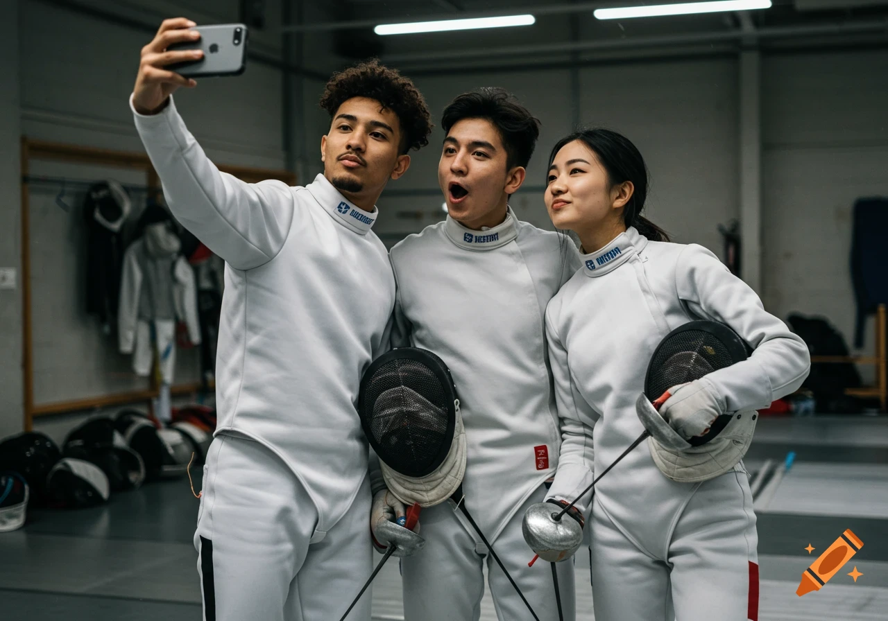 Three people in fencing gear taking a selfie with a phone.