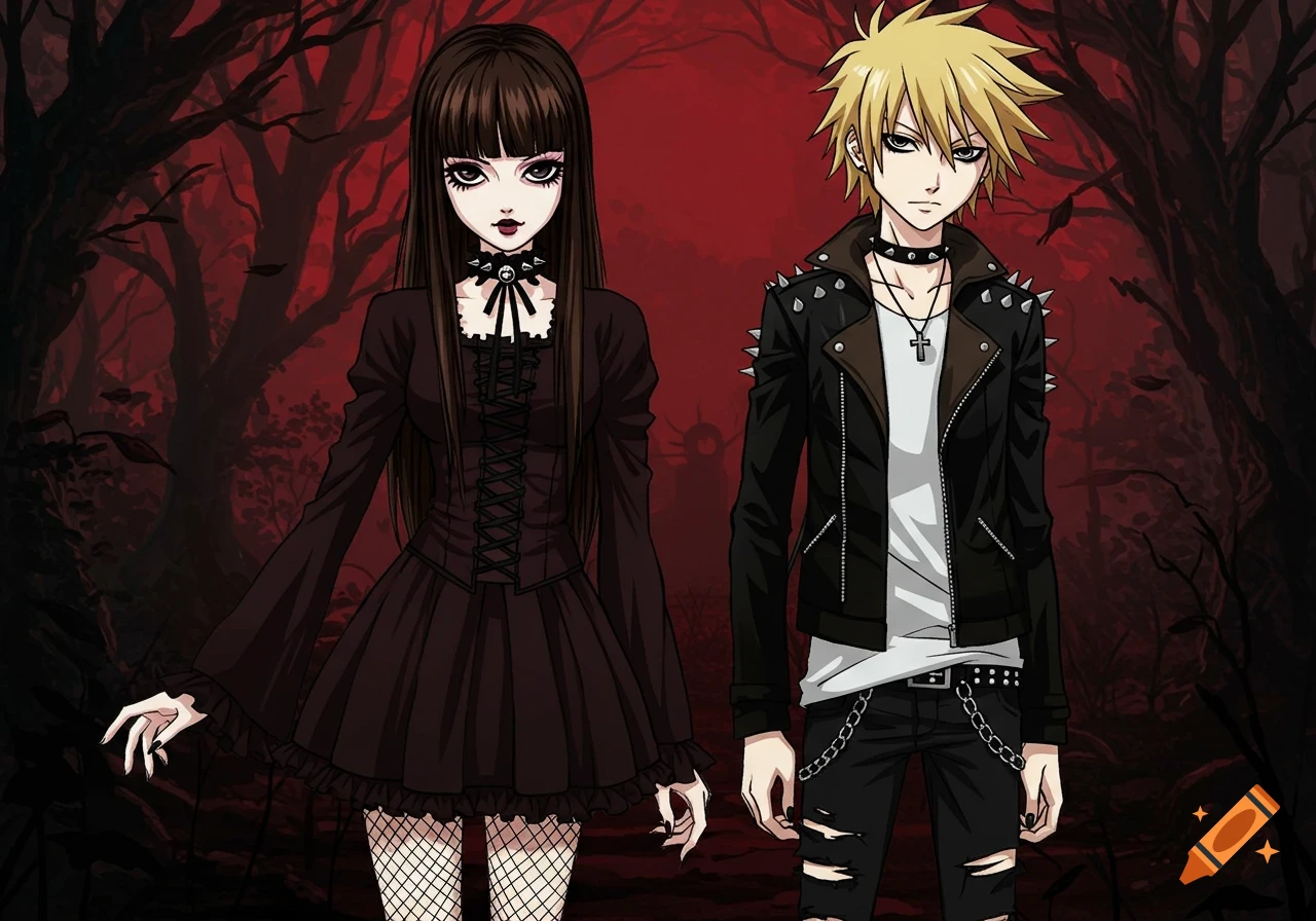 Anime goth girl and punk boy standing in a dark forest.