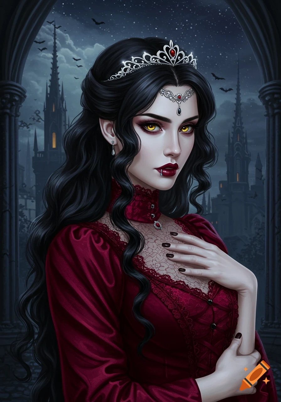 A beautiful vampire woman with long black hair, yellow eyes, and fangs wears a gothic red dress and tiara in front of a dark castle.