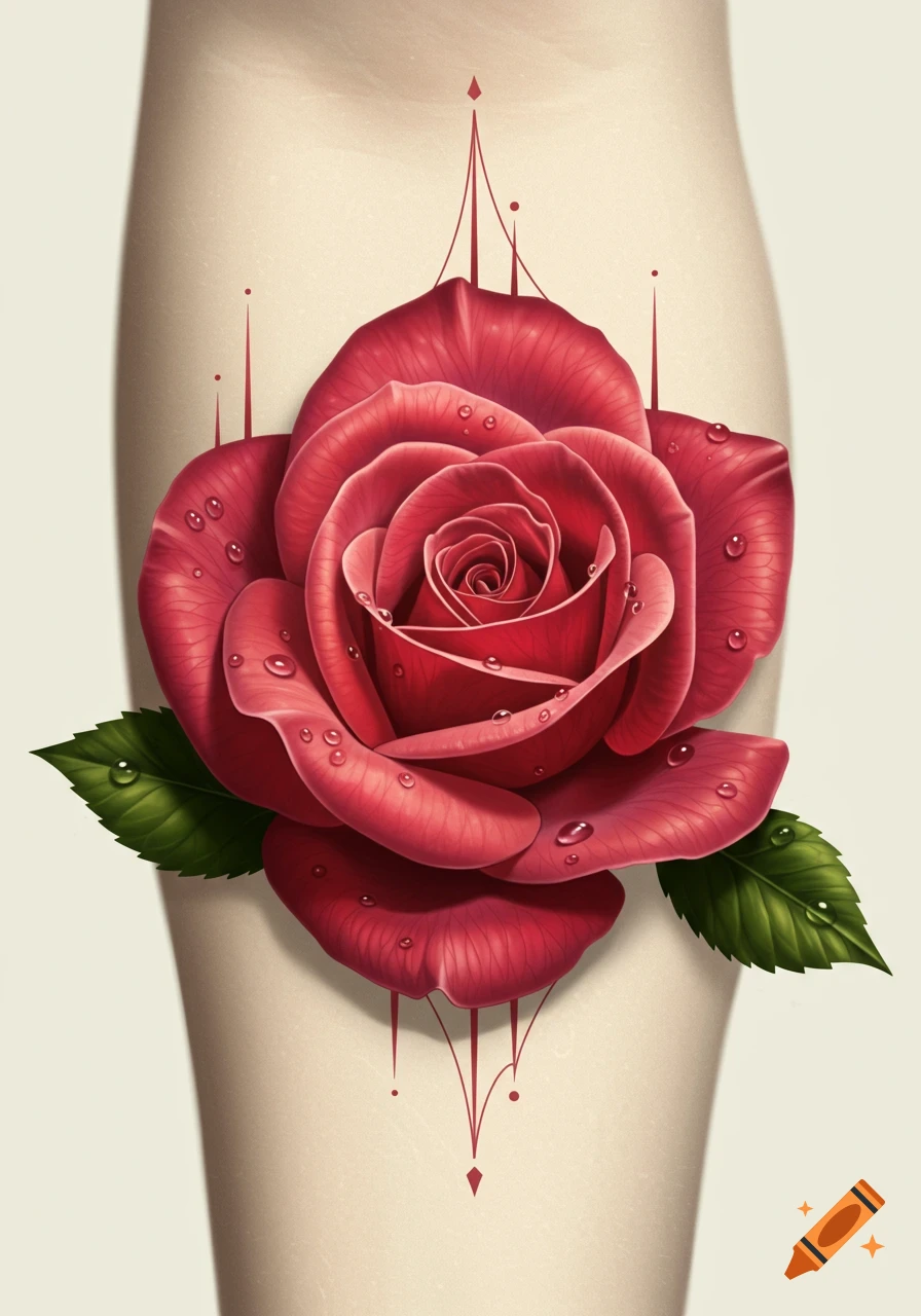 A realistic illustration of a red rose tattoo with water droplets on skin.