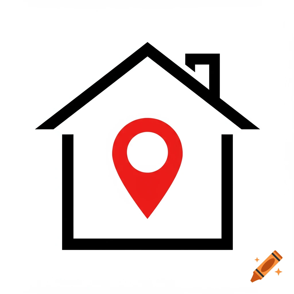 A simple graphic icon of a black house outline with a red location pin inside.