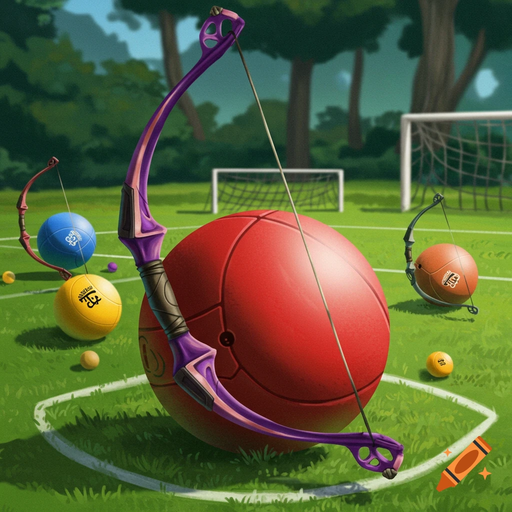 Bows and large balls resembling dodgeballs or soccer balls on a green field with soccer goals.