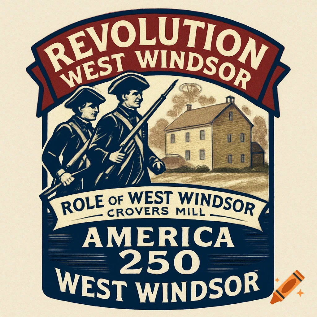 Historical style logo with Revolutionary War soldiers, a building, and text about West Windsor.