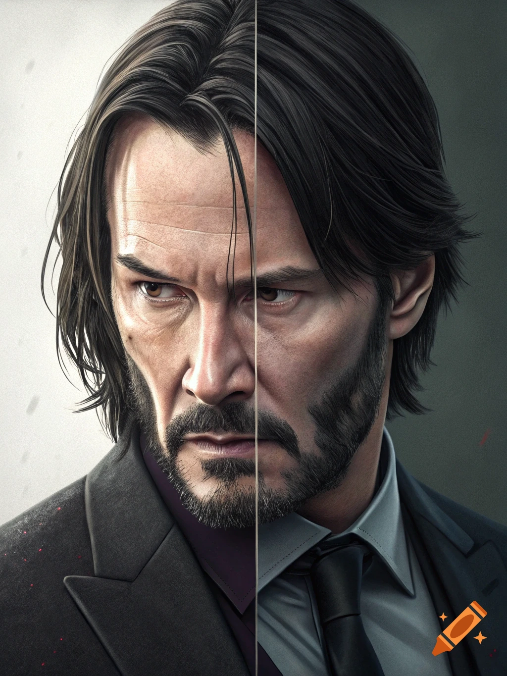 Split portrait of Keanu Reeves as John Wick