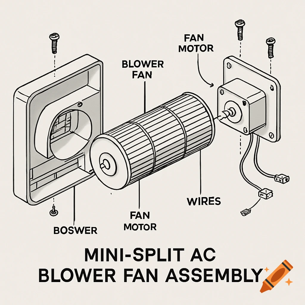 Exploded-view technical diagram of a mini-split AC blower fan assembly with labels, line art style.
