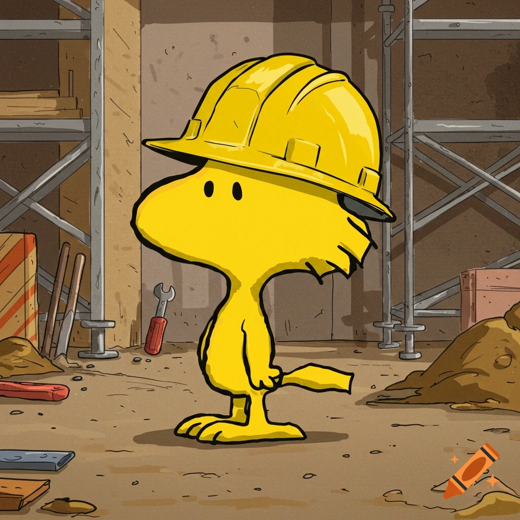 Woodstock from Peanuts wearing a hard hat at a construction site.