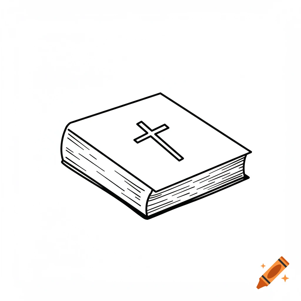 A black and white line drawing of a bible with a cross on the cover.