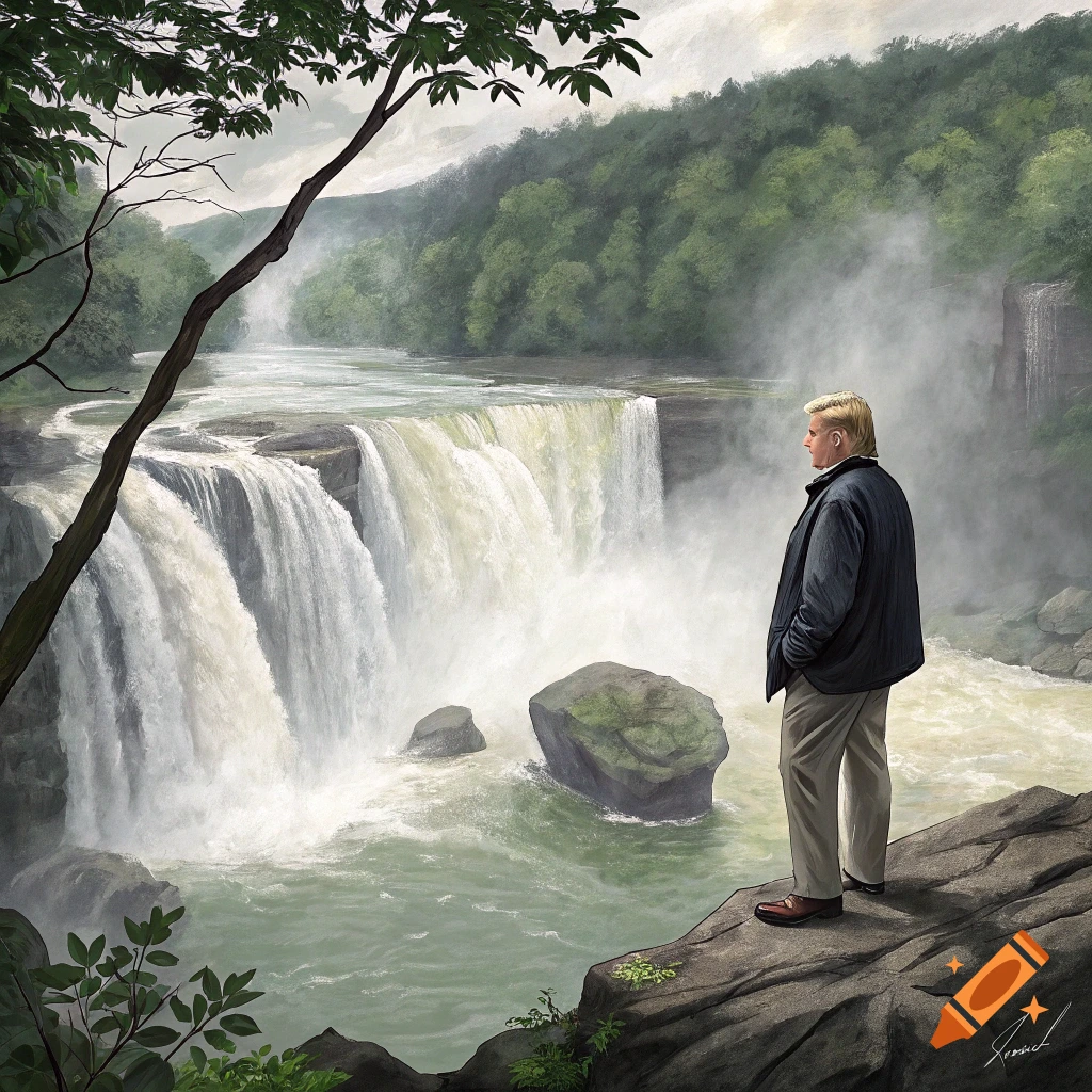 A realistic painting of Donald Trump standing on a rock overlooking a large waterfall.