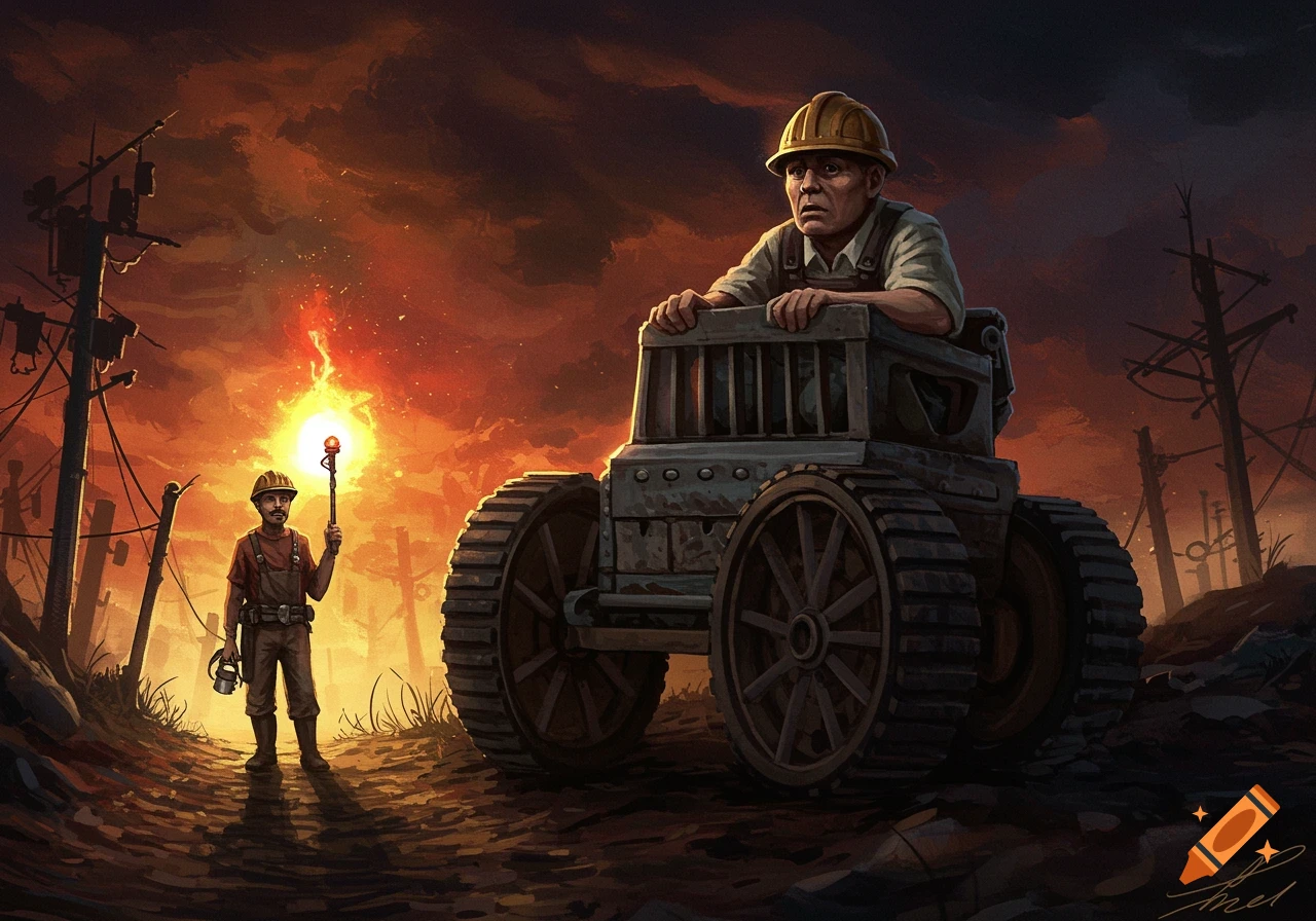 Two figures, one in a large wheeled vehicle, the other holding a lit staff, stand in a desolate landscape under an orange sky.
