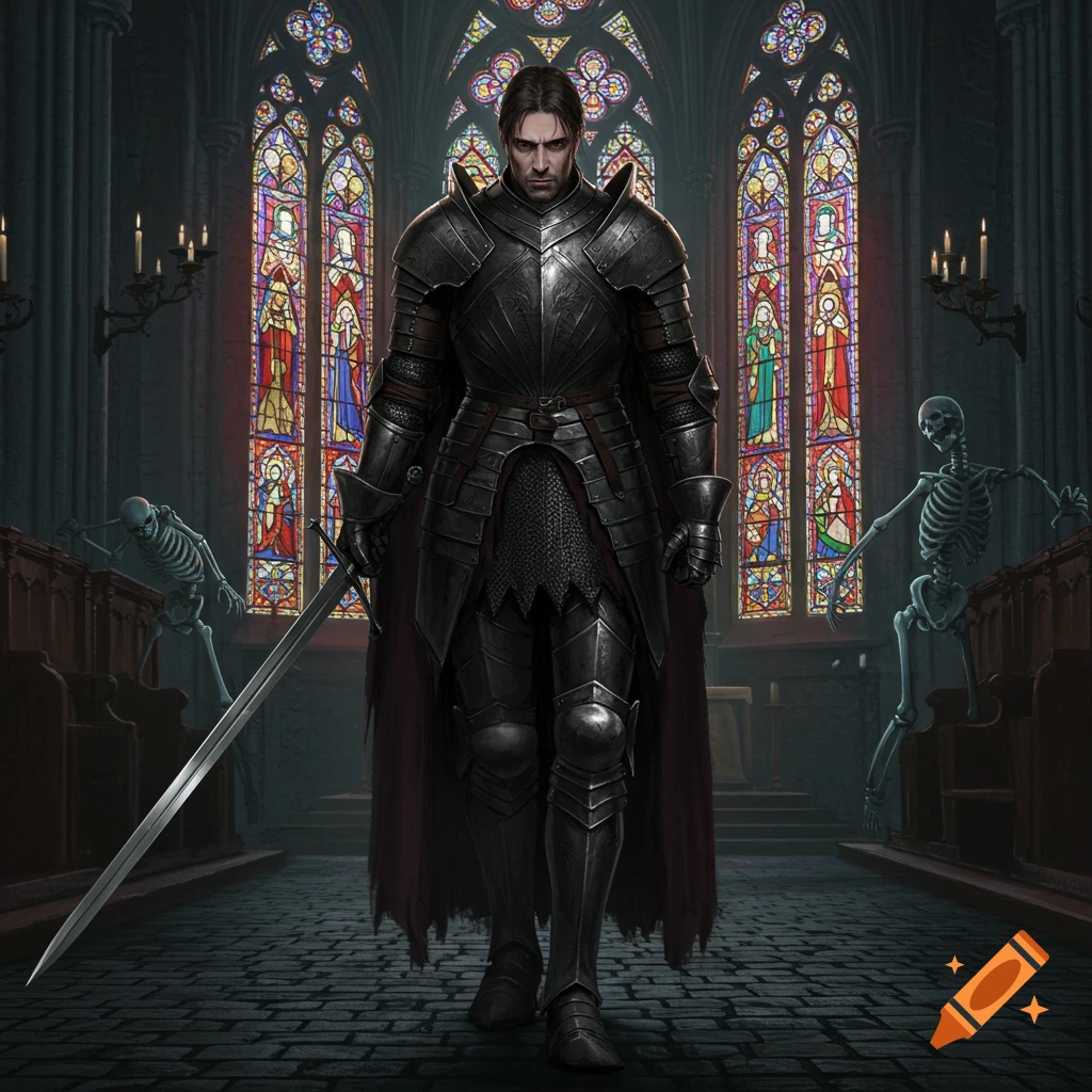A knight in armor stands in a dark gothic church with stained glass windows and skeletons.