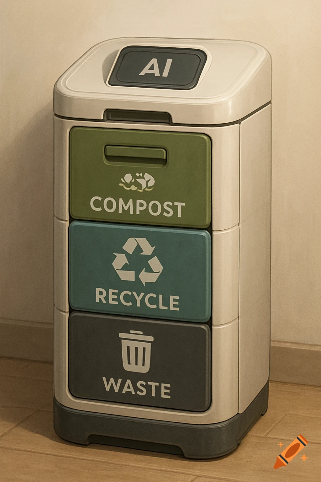 A stacked recycling bin with labels for AI, Compost, Recycle, and Waste compartments.