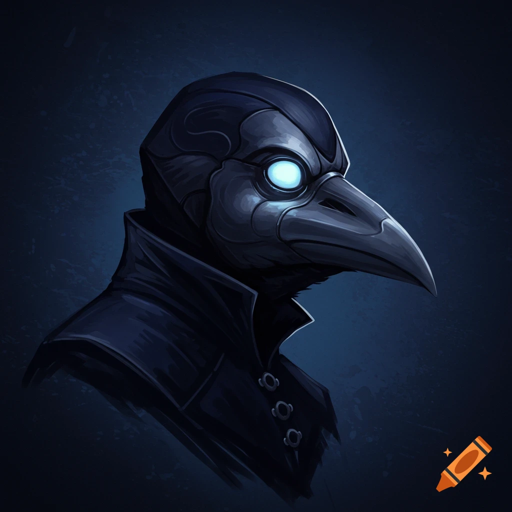 Digital painting of a stylized figure wearing a dark raven/plague doctor mask with glowing blue eyes.