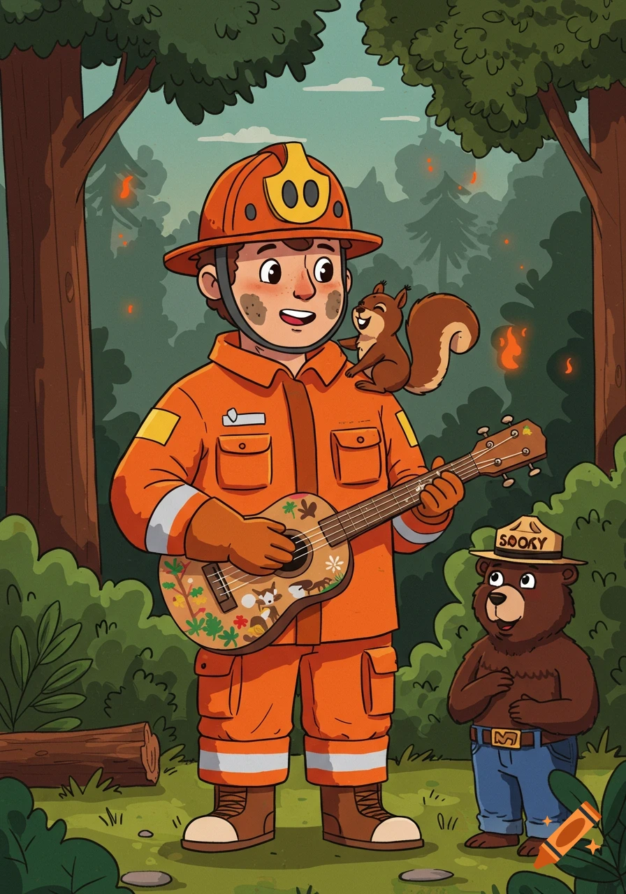 A cartoon firefighter plays a decorated guitar with a squirrel on his shoulder, while a bear in a ranger hat looks on in a forest.