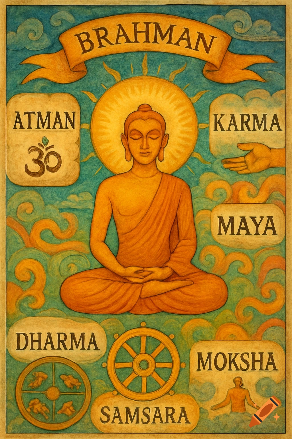 Illustration of Buddha meditating, surrounded by spiritual terms like Atman, Brahman, Karma, Maya, Dharma, Samsara, Moksha, and the Om symbol in a colorful, graphic style.