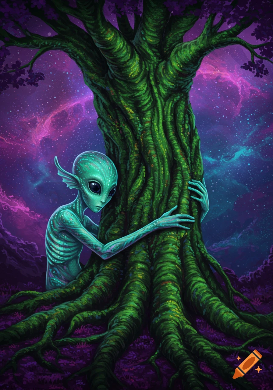 A turquoise alien with large black eyes embraces a large, textured green tree against a purple and blue space nebula background.