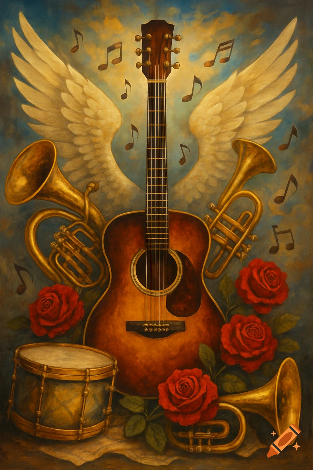 A painterly image of a guitar with angelic wings, surrounded by trumpets, red roses, a drum, and floating music notes.
