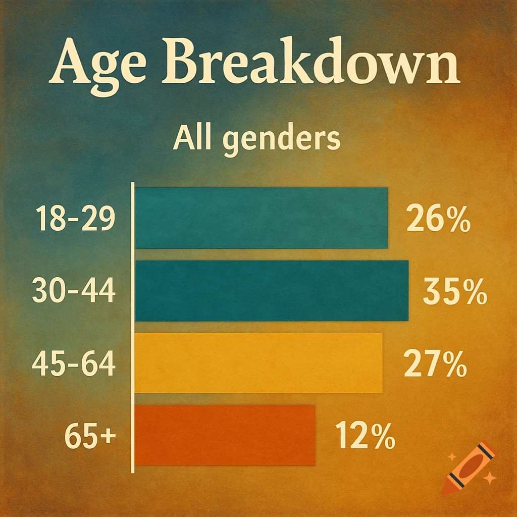 A bar chart titled 'Age Breakdown' showing percentages for age ranges for all genders.