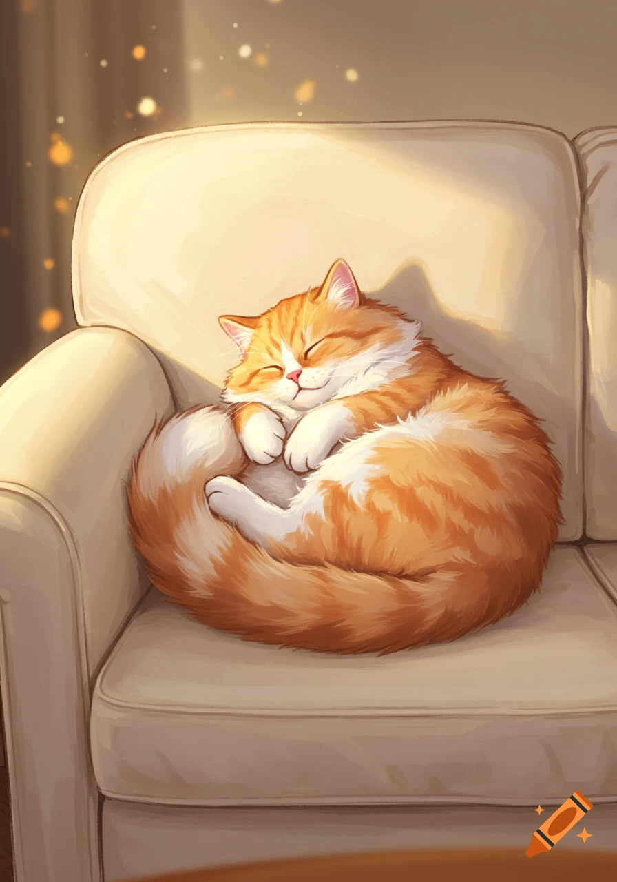 Cute animated orange and white cat sleeping curled up on a sofa in sunlight.